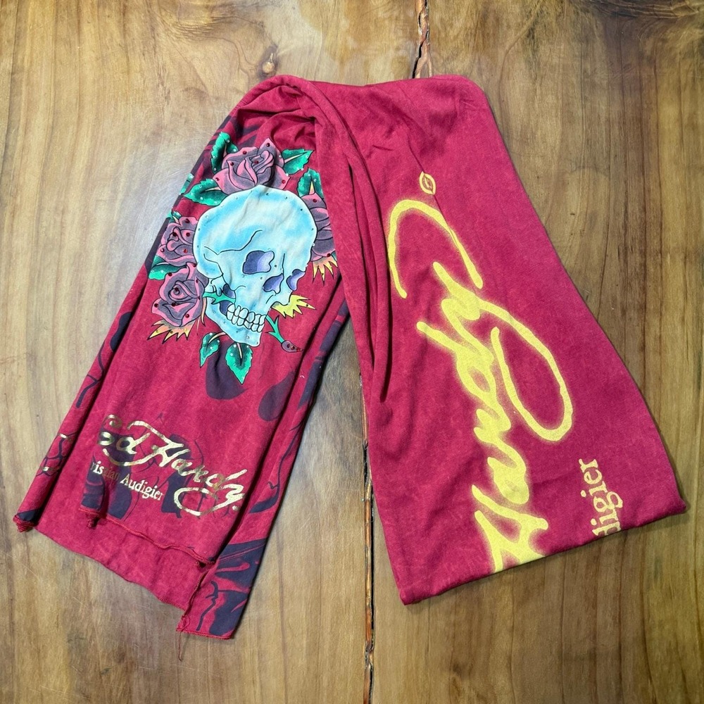 Vintage Y2K Ed Hardy Rectangle Scarf Knit Logo Skull Rose Bling Cotton USA Q21